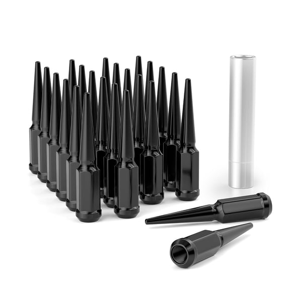 24PCS Black M14x1.5 Spike Wheel Lug Nuts, Closed End Spike Lug Nuts with 1 Socket Key, Conical Bulge Seat, Compatible with Silverado, Sierra, Ram