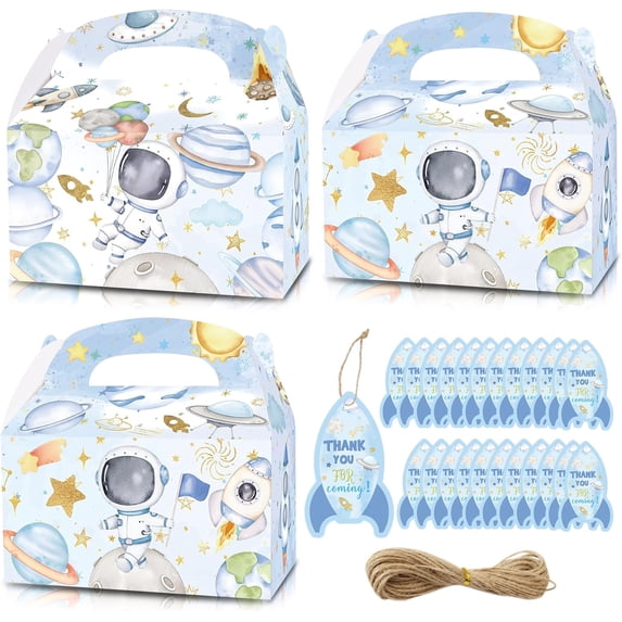24PCS Blue Space Astronaut Party Favor Gift Boxes for Boy With Thank You Tags, First Trip Around the Sun Candy Treat Goodie Bags Boxes for Boy Birthday Baby Shower Decorations