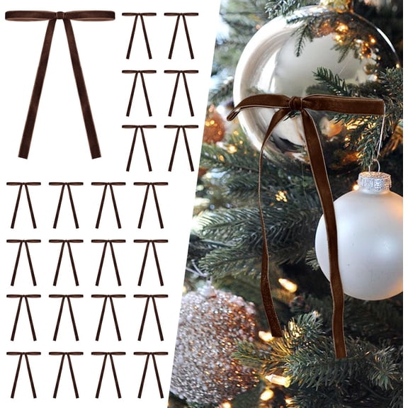 24PCS Brown Velvet Christmas Tree Bows Door Garland Decor Vintage Wreath Bow (3/8'' Width, 5 * 7 inch)