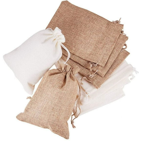 24PCS Burlap Bags with Drawstring Gift Bags Jewelry Pouch for Wedding Party Treat and DIY Craft - 7 x 5 Inch Linen and Cream
