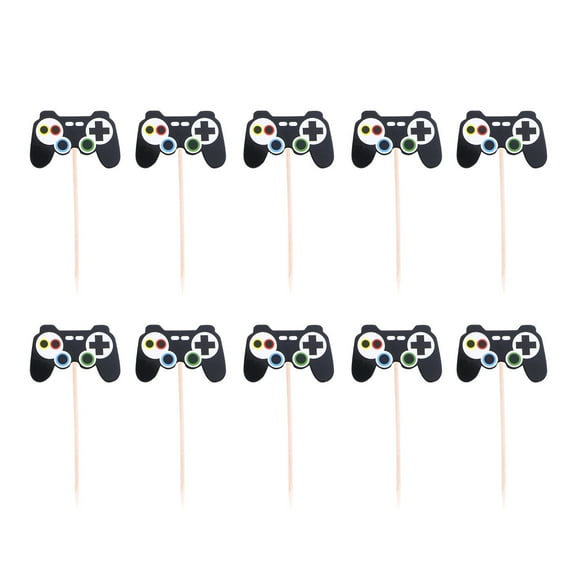 24PCS Cartoon Gamepad Cake Toppers Game Themed Party Decorations Boys Birthday Party Cake Picks Paper Gamepad Shaped Cake Cards Black