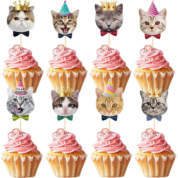 24PCS Cat Cupcake Toppers, Cats Face Cake Toppers, Kitten Pet Theme Decorations Stick Toothpicks Supplies for Party Baby Shower