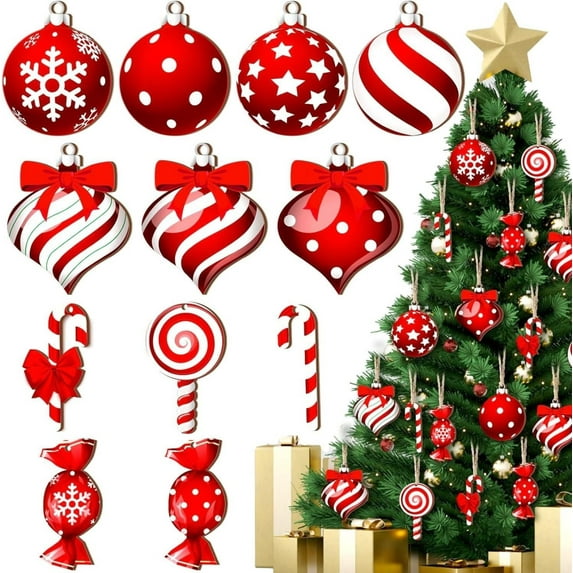 24PCS Christmas Balls Candy Ornament,Red White Peppermint Candy Cane Decor for Xmas Tree, Lollipop Ornament Xmas Hanging Decorations Colorful Mint Wood Decorations Christmas Decorations,2Set