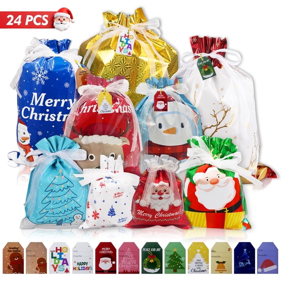 24Pack Christmas Drawstring Gift Bags Assorted Sizes with Tags, Reusable Foil Wrapping Pouches for Xmas Stocking Stuffers and Holiday Present Wrapping