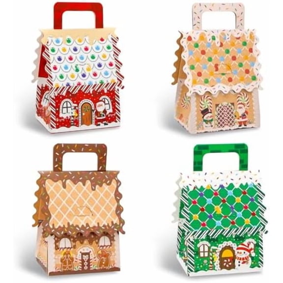 24PCS Christmas House Treat Boxes with Handle, Christmas Gingerbread House Goodie Candy Gift Party Favor Boxes for Xmas Birthday Baby Shower Party, 4 Designs