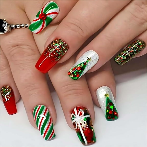 24PCS Christmas Long Coffin False Nails, Press-on Nails with Rhinestones Glitter Design, Xmas Decor for Women