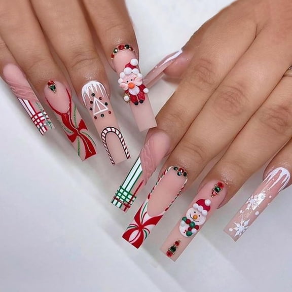 24PCS Christmas Long Coffin False Nails, Press-on Nails with Rhinestones Glitter Design, Xmas Decor for Women