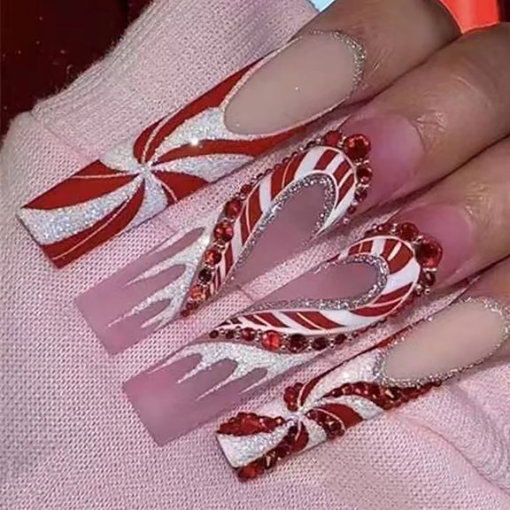 24PCS Christmas Long Coffin False Nails, Press-on Nails with Rhinestones Glitter Design, Xmas Decor for Women