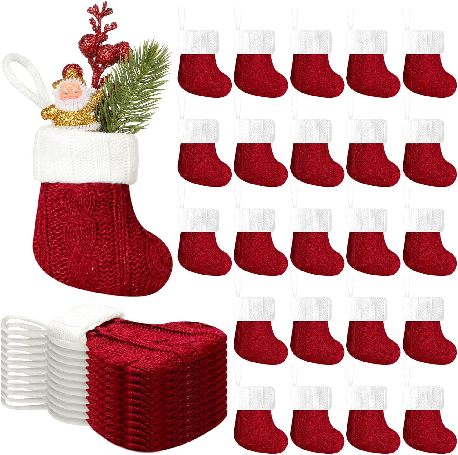 24PCS Christmas Mini Stockings Red Cable Knit Xmas Rustic Stocking Mini Stockings Christmas Bulk Little Holiday Hanging Decorations Christmas Tree Ornaments for Fireplace Mantel Tree Party Decor