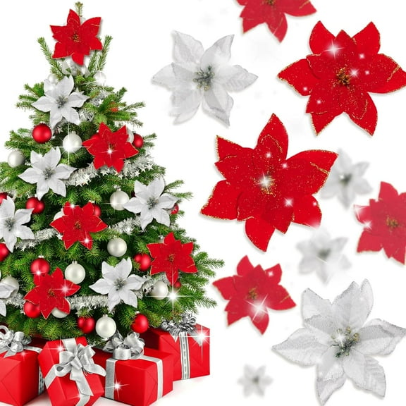 24PCS Christmas Poinsettia Artificial Flowers Decorations 5" Christmas Tree Wreaths Garland Decoration Glitter Flowers Picks Decor for Xmas New Year Wedding Party Ornaments