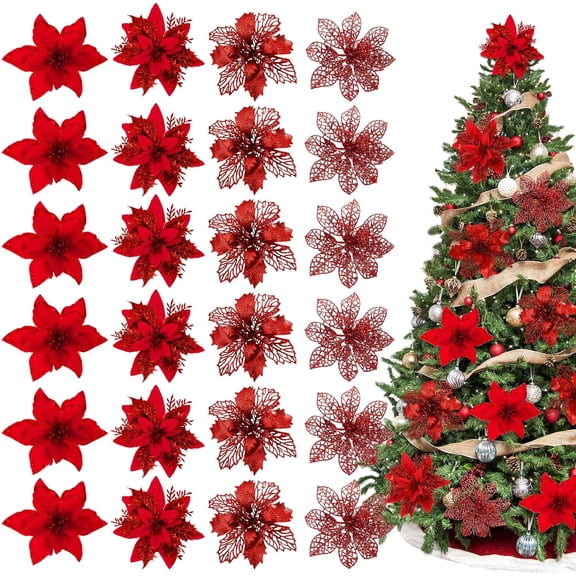 24PCS Christmas Poinsettia with Clips Glitter Artificial Flower Winter Party Supplies for Xmas Tree Ornament Wedding Birthday Wreath Decoration