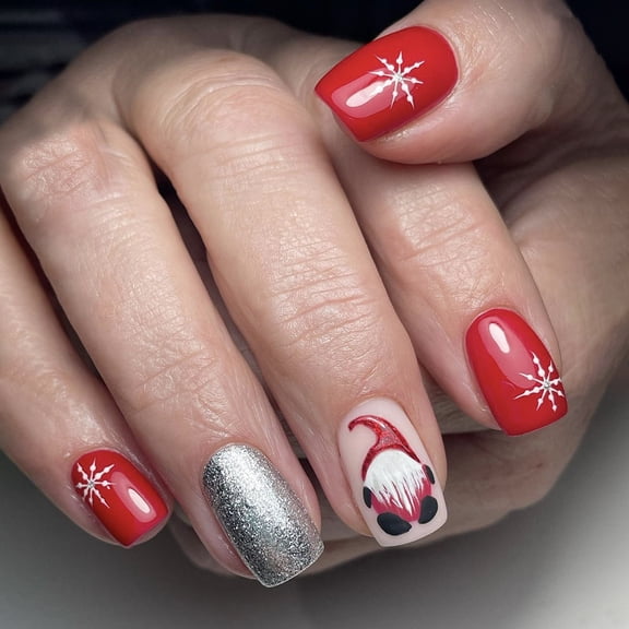 24PCS Christmas Press on Nails, Red & Silver Glitter with Cartoon Snowflake Design, Detachable Reusable Acrylic Fake Nails, Festive Manicure Kit for Women Girls, Holiday Party & Daily Sparkly Look