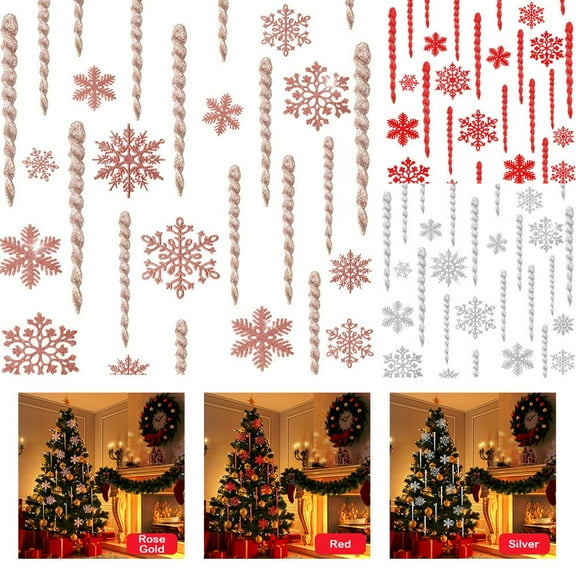 24PCS Christmas Snowflake Icicle Ornaments Set Plastic Glitter Icicle Snowflake Tree Ornaments Spiral Strip Hangings Ornaments for Christmas Holiday Wedding Party Decor