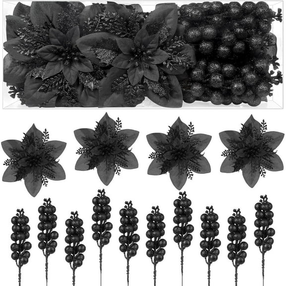 24PCS Christmas Tree Decorations – 12 Artificial Flowers (6-Inch), 12 Sparkling Berry Picks, with Clips & Stems for Wreath, Tree, and Holiday Decor, Black
