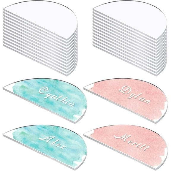 24PCS Clear Acrylic Wedding Place Cards DIY Sign Blank Half Circle Place Cards Table Numbers Wish Sign for Wedding Party Reception Birthday Restaurant Seat Assignment 2x4x0.1 inch 1box DIY