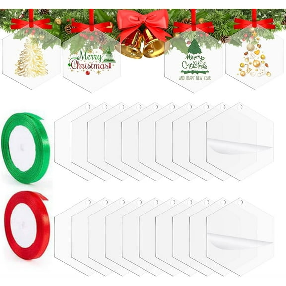 24PCS Clear Hexagon Acrylic Christmas Ornaments,Blank Transparent Pendant,with Red & Green Ribbons,Extra Thick Xmas Tree Hanging Decoration,DIY Handmade Gifts,for Home Birthday Wedding Party Decor