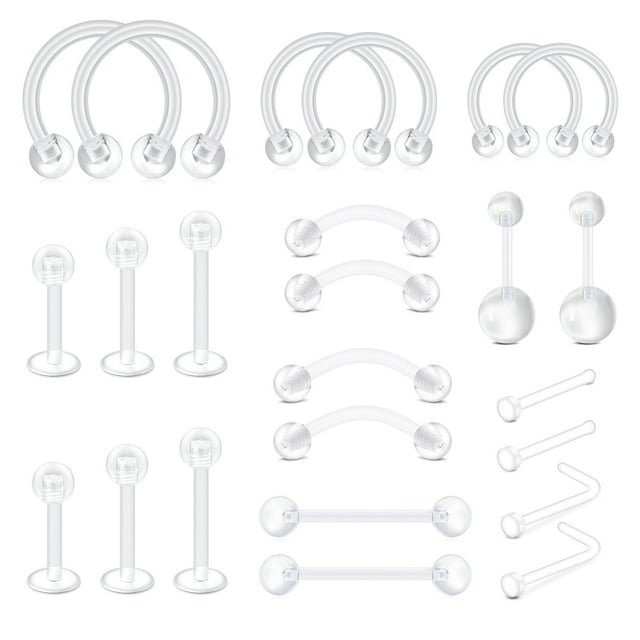 24PCS Clear Septum, Belly Button, Lip, Nose, Tongue, Tragus, Cartilage