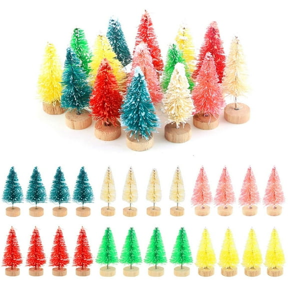 24PCS Colorful Mini Pine Trees Frosted Sisal Trees with Wood Base Bottle Brush Trees Plastic Winter Snow Ornaments Tabletop Trees for Crafting, Displaying and Decoration,1.77in