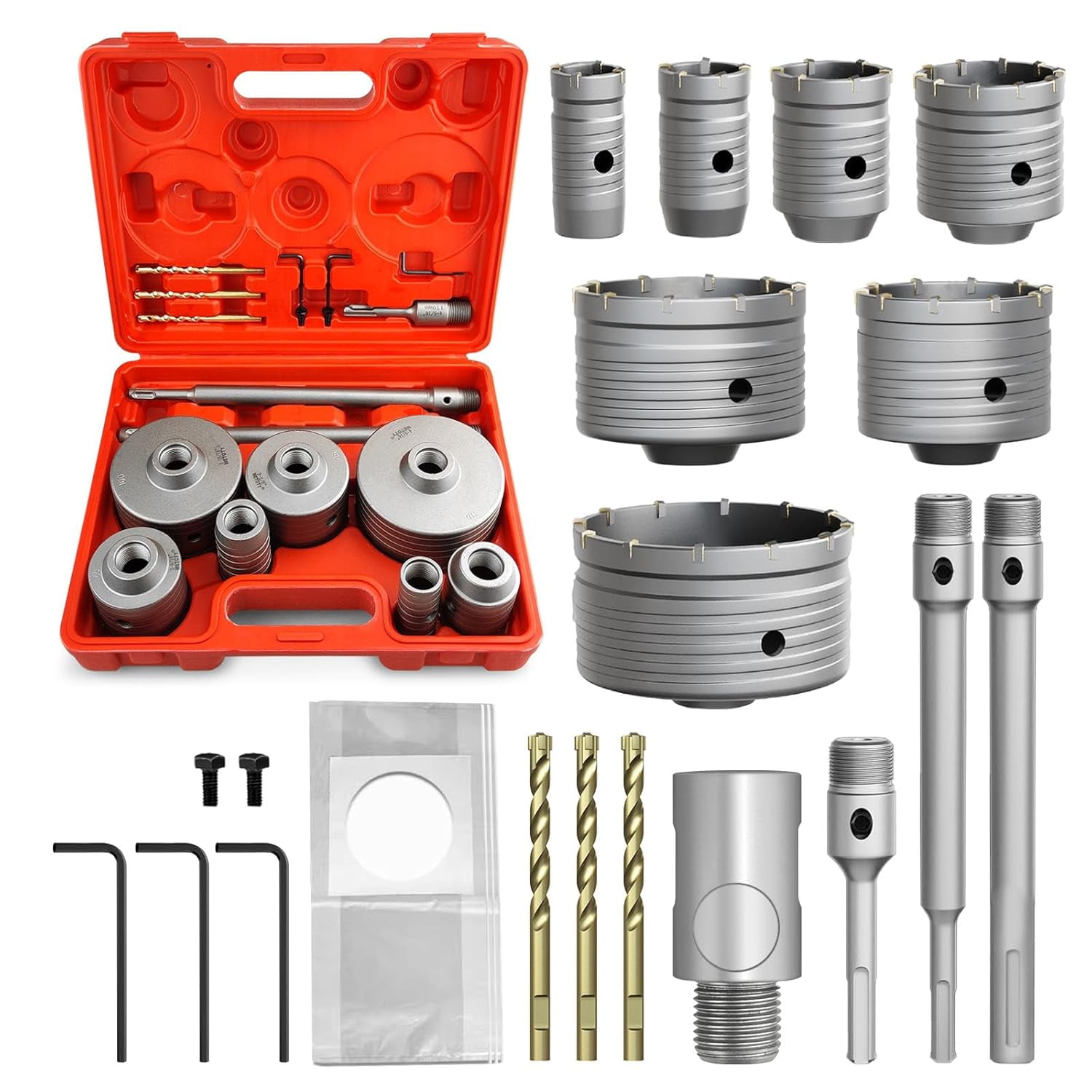 24PCS Concrete Hole Saw Kit,30/40/50/65/80/100/110mm Masonry Hole Saw, with SDS Plus & Max Shank Drill Bit Sets, Masonry Hole Saw Tool Set for Concrete,Brick,Cement,Stone,Wall Drilling.