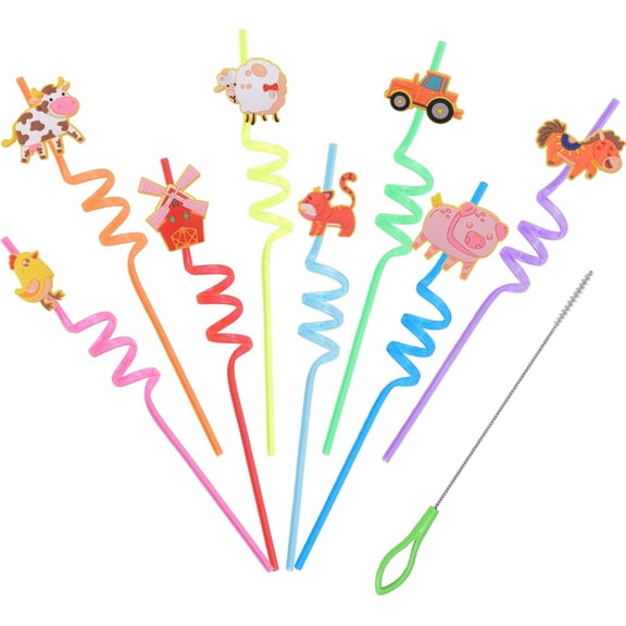 24PCS Drinking Straws Reusable Farm Animals Removable Novelty Crazy Straws Curly Party Straws Decorations with 1PC Cleaning Brushes, for Parties,Home, 8 Colors
