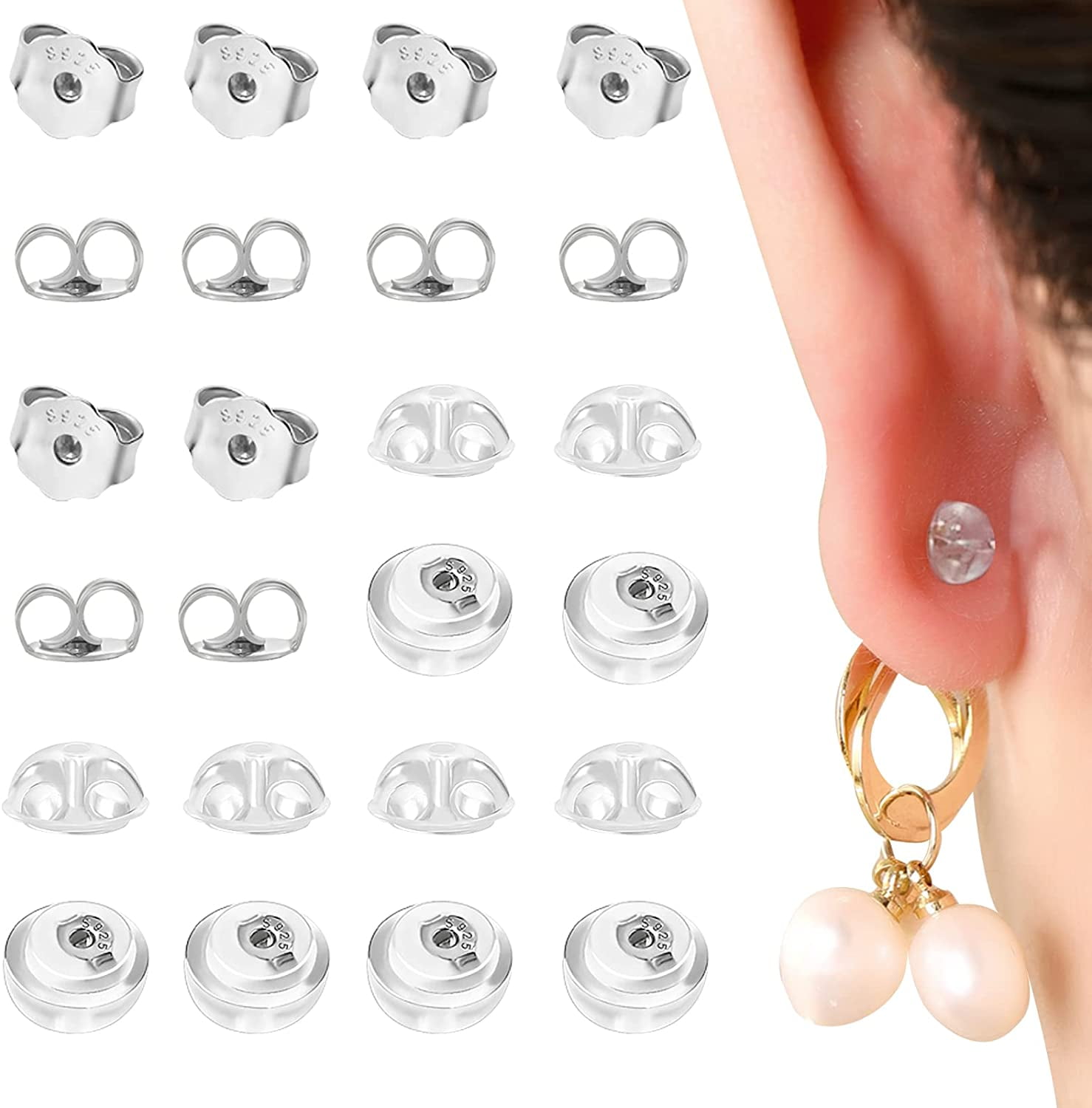  12PCS Real 925 Silver Earring Backs Replacements, 18K White  Gold Plated Hypoallergenic , Secure Ear Locking for Stud Nut for Posts, 6mm  : Arts, Crafts & Sewing