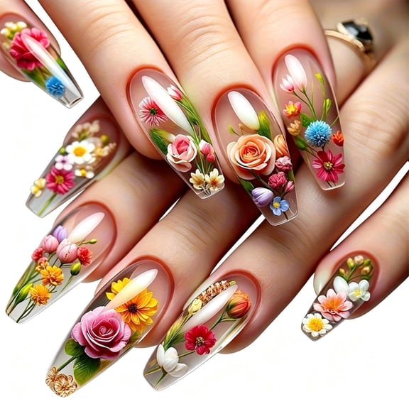 24PCS Extra Long Almond Press On Nails, 3D Rose & Mixed Wild Floral Inlaid Full Cover Acrylic Fake Nails, Reusable Glue On False Nail Tips for Spring Wedding Dating and Daily Casual Nail Art Decor