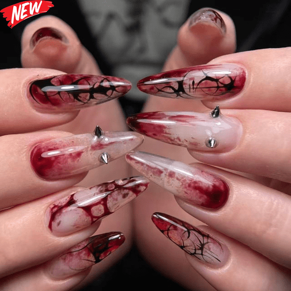 24PCS Extra Long Stiletto Halloween Press On Nails, Blood Splash Spider Web Fake Nails with Spike Studs, Gothic Spooky Reusable Artificial False Nail Tips, DIY Manicure for Halloween Party Women