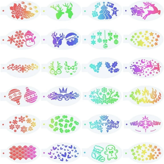 24PCS Face Paint Stencils Body Painting Template Christmas Theme Elk Santa Christmas Stocking Holly Leaves Pattern Reusable Soft Tattoo Stencils Christmas Party Body Makeup Art Mixed Color 1set