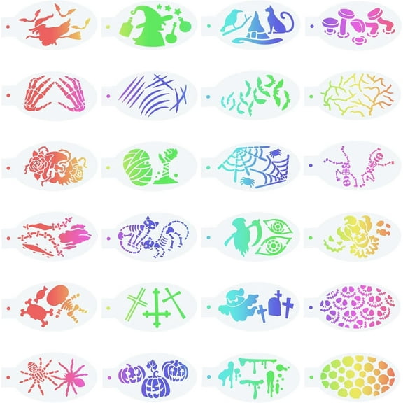 24PCS Face Paint Stencils Body Painting Template Theme Spider Bat Pumpkin Pattern Reusable Soft Tattoo Stencils for Cosplay Party Body Makeup Art Painting colorful