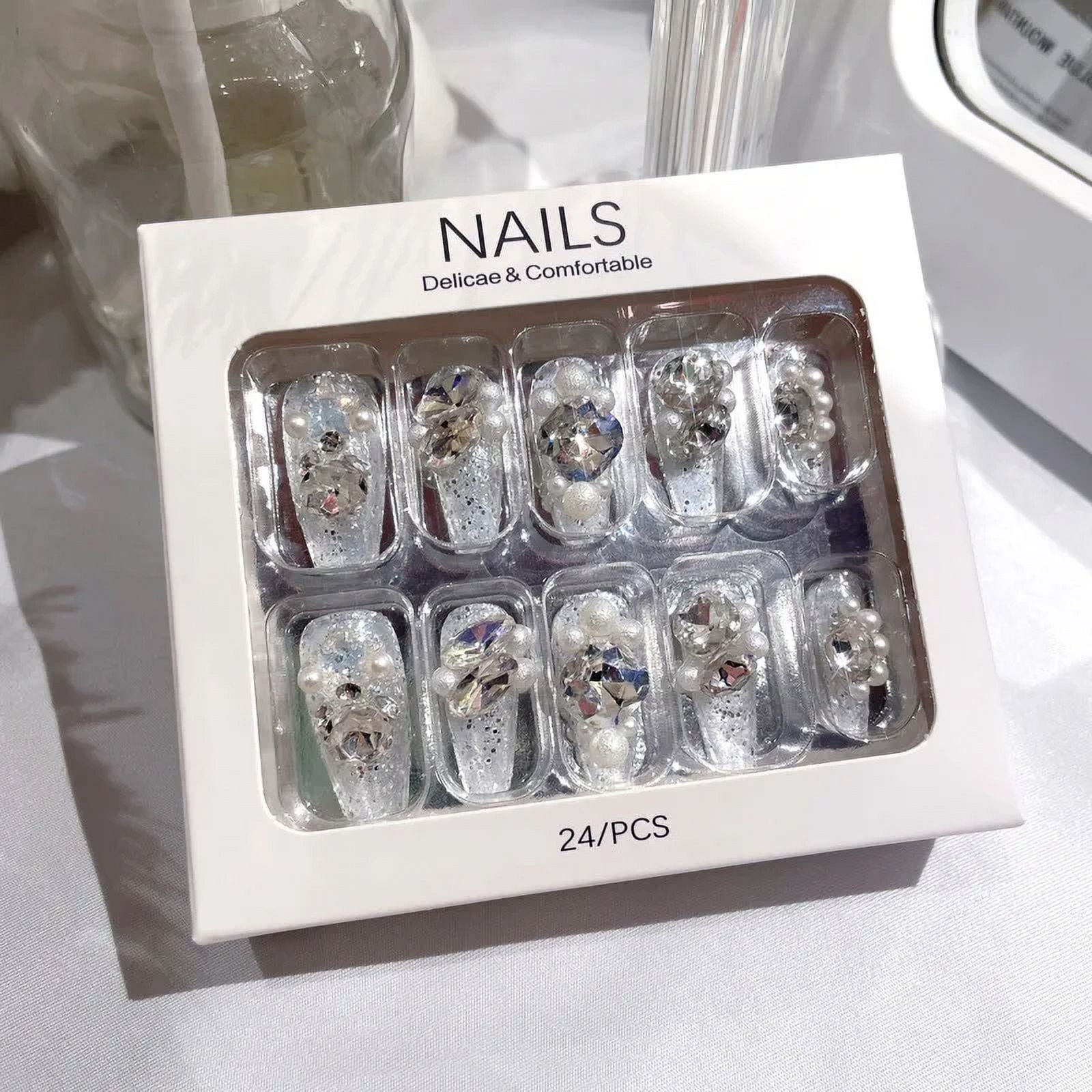 24PCS Fake Nails 3D Rabbit Star Rhinestone Designs White Blue Color ...