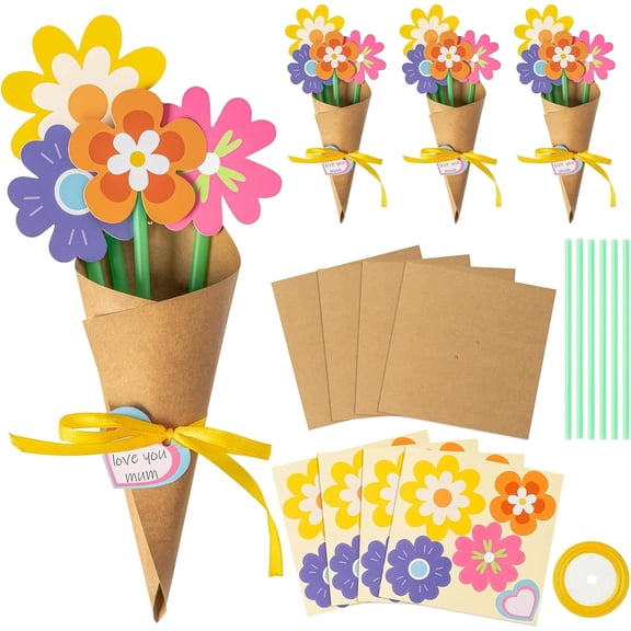 24PCS Flower Bouquet Craft Kit for Kids, Paper DIY Flower Making Set, Handmade Floral Bouquet Art Kit for Classroom Party Home Activities, Mothers Day Gift (K)