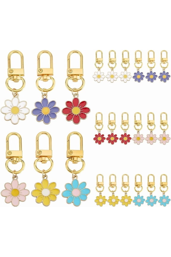 24PCS Flower Keychain 6 Colors Daisy Alloy Enameled Charms Handbag Key Chain Car Key Charms Aesthetic Keychain