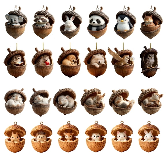 24PCS Forest Animal Acorn Ornaments, Cozy Forest Woodland Christmas Ornaments, Pine Cone Animal Deco for Christmas Tree, Squirrel Acrylic Hanging Ornament for Home Decor