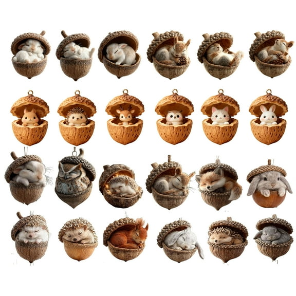 24PCS Forest Animal Acorn Ornaments, Cozy Forest Woodland Christmas Ornaments, Pine Cone Animal Deco for Christmas Tree, Squirrel Acrylic Hanging Ornament for Home Decor