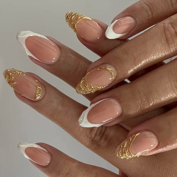 24PCS Glitter French Tip Artificial Nails, Elegant Gold Accent Press Ons, Safe ABS Materials, Application