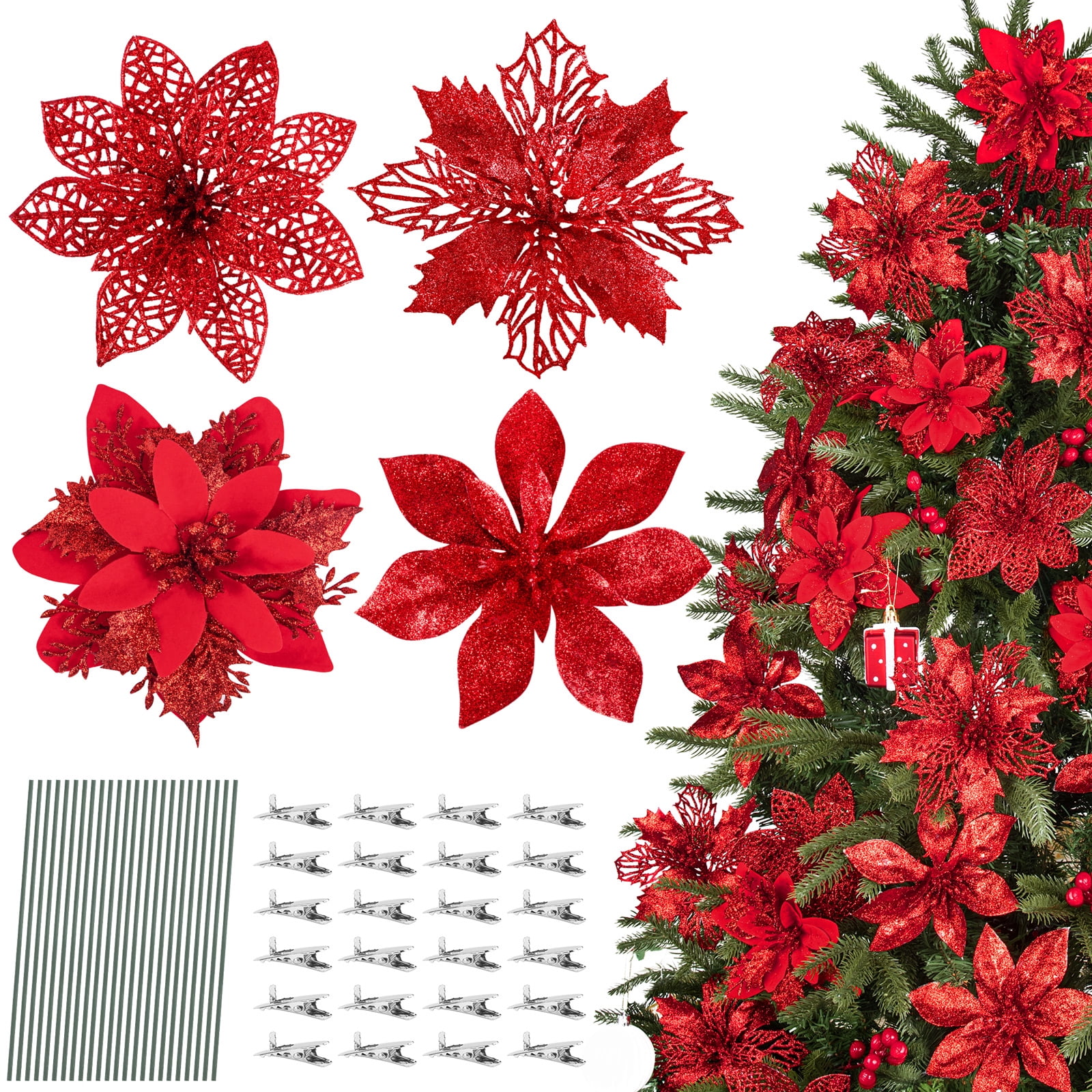 24PCS Large Glitter Poinsettia Flowers, Red Xmas Tree Decor with Clips ...