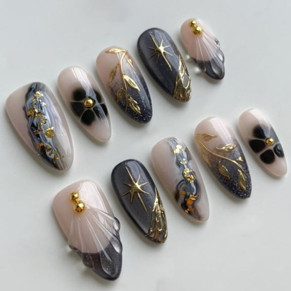 24PCS Glittering French Tips Shell Embellished Artificial Nails For Wedding Party Occasion
