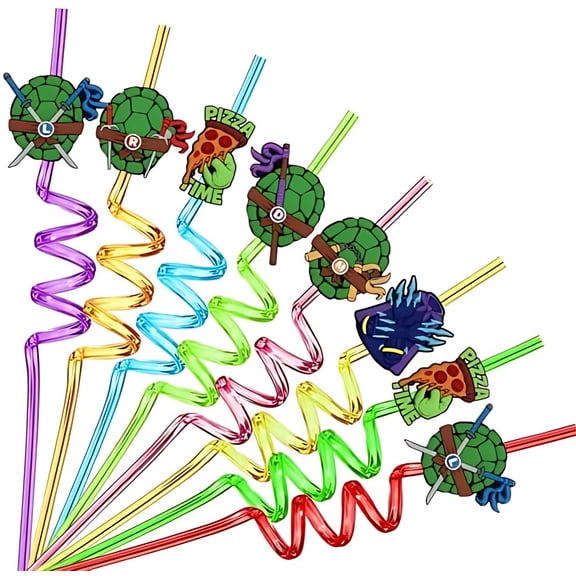 24PCS Green Turtles Birthday Party Plastic Straws for Teenage Cartoon Turtle Party Favors, Reusable Crazy Straws with 6 Style Patterns for Kids Party Supplies with 2 Brushes