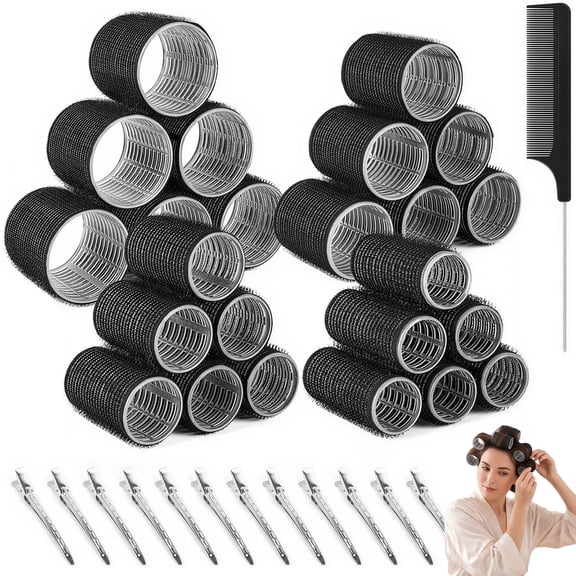 24 Pcs Heatless Self Grip Hair Rollers with Clips & Comb, 4 Sizes Volume Curling Rollers for All Hair Types