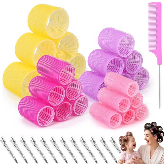 24 Pcs Heatless Self Grip Hair Rollers with Clips & Comb, 4 Sizes Volume Curling Rollers