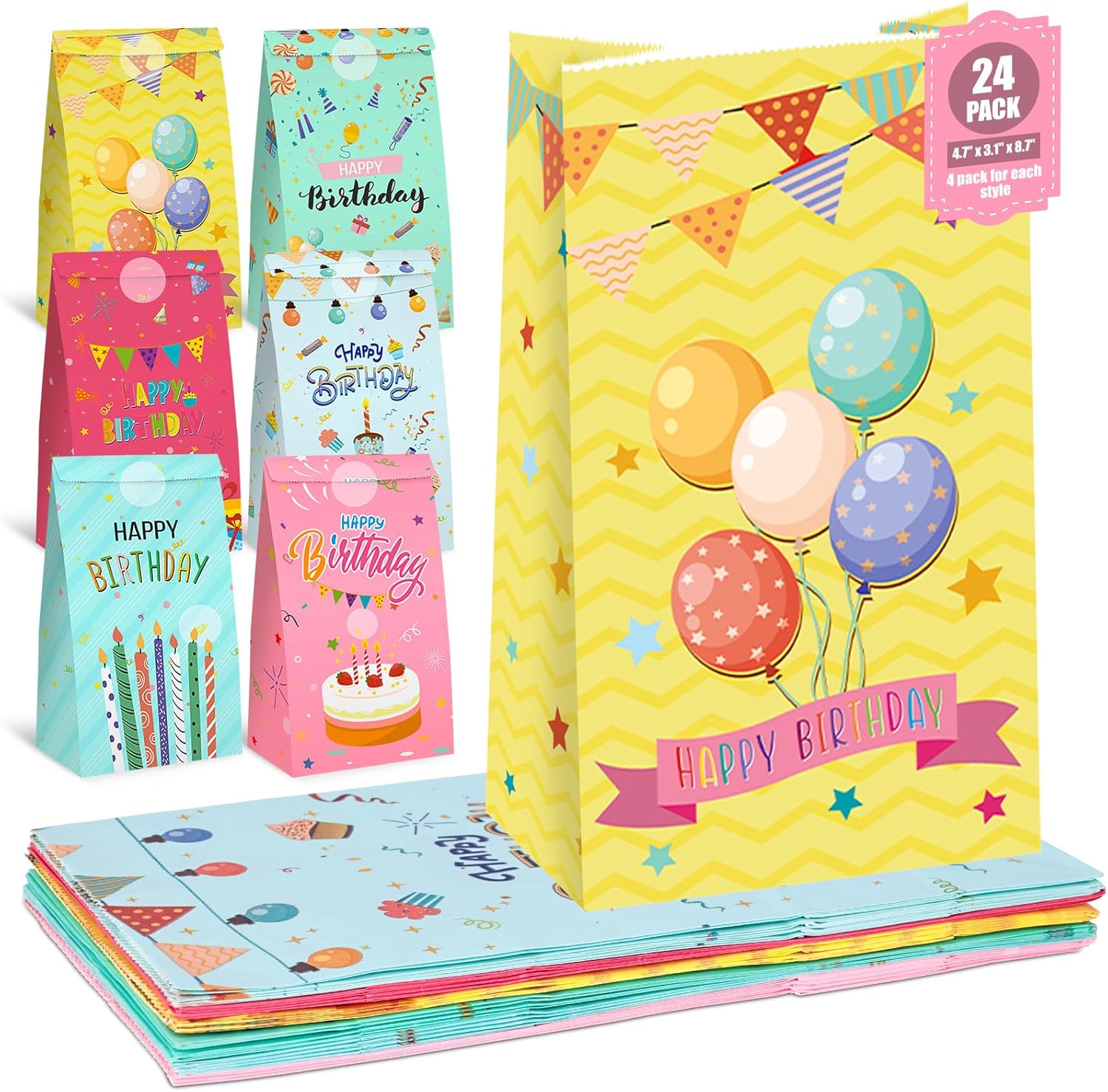 24PCS Happy Birthday Party Favor Bags, Birthday Theme Goodie Bags Gift
