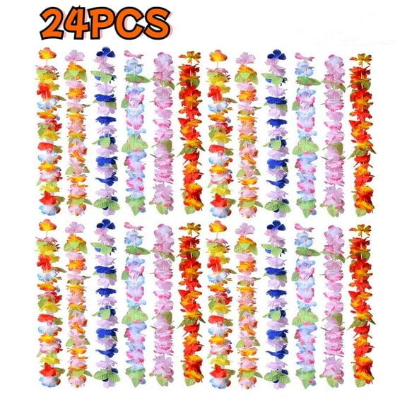 24PCS Hawaiian Leis, Colorful Tropical Hawaiian Leis Bulk Silk Flower Necklace for Birthday Hawaii Luau Party Beach Pool Party Decorations Favors Supplies