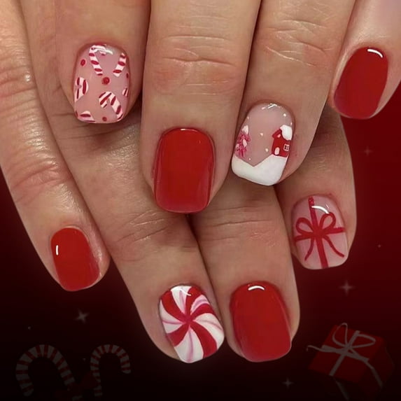 24PCS Holiday False Nails Christmas Candy Cane Winter Snowflake Art Easy Application Light ABS Materials Build