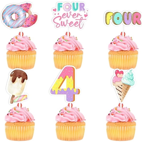 24PCS Ice Cream Donut Cupcake Toppers Donut 4th Birthday Decor Fourever Sweet Party Decor with Pastels Ice Cream Donut Candy Four Cake Topper Supplies for 4th Sprinkle Donuts Birthday Girls