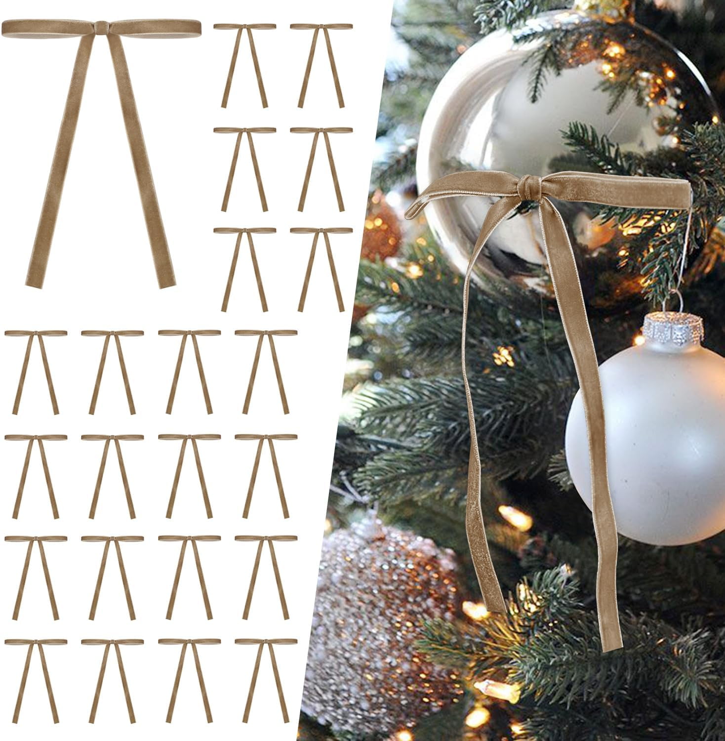 24PCS Khaki Velvet Christmas Tree Bows Door Garland Decor Vintage ...