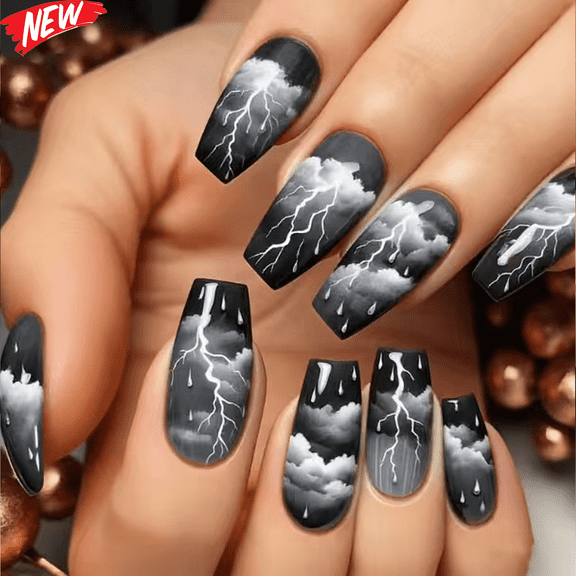 24PCS Long Coffin Press On Nails, Black Gray Gradient Fake Nails with White Lightning Storm Cloud & Raindrop Print, Edgy Gothic Reusable False Nail Tips, DIY Manicure Kit for Women Party Alt Fashion