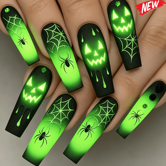 24PCS Long Coffin Spooky Halloween Press On Nails, Black Green Gradient Jack O'Lantern Spider Web Blood Drip Fake Nails, Reusable Artificial False Nail Tips for Women Halloween DIY Manicure