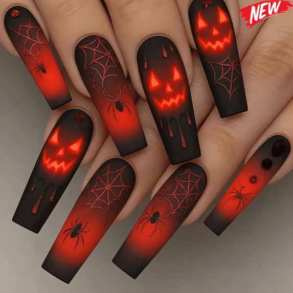 24PCS Long Coffin Spooky Halloween Press On Nails, Black Red Gradient Jack O'Lantern Spider Web Blood Drip Fake Nails, Reusable Artificial False Nail Tips for Women Halloween DIY Manicure