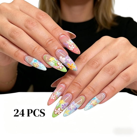 24PCS Long Pointed French Press On Nails, Spring Summer Colorful Flower Graffiti Fake Nails, Removable Reusable Wearable Nail Art for Women Daily Party
