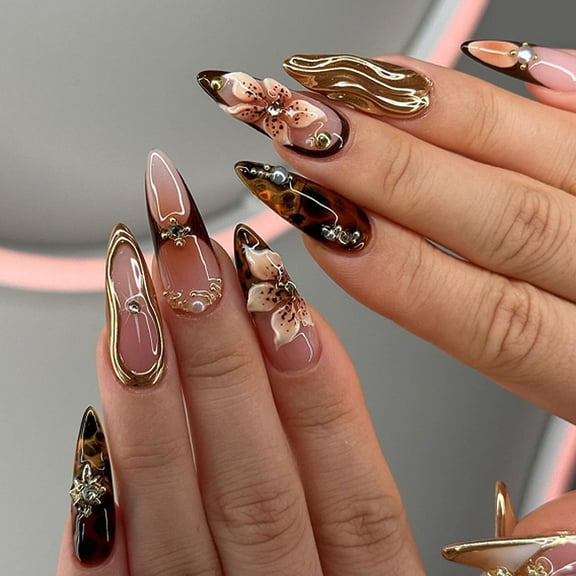 24PCS Long Press on Nails Almond Fake Nails Brown False Nails Flowers Artificial Nails with Gold Charm Designs Summer Handmade Nails 3D Floral Stick on Nails for Women
